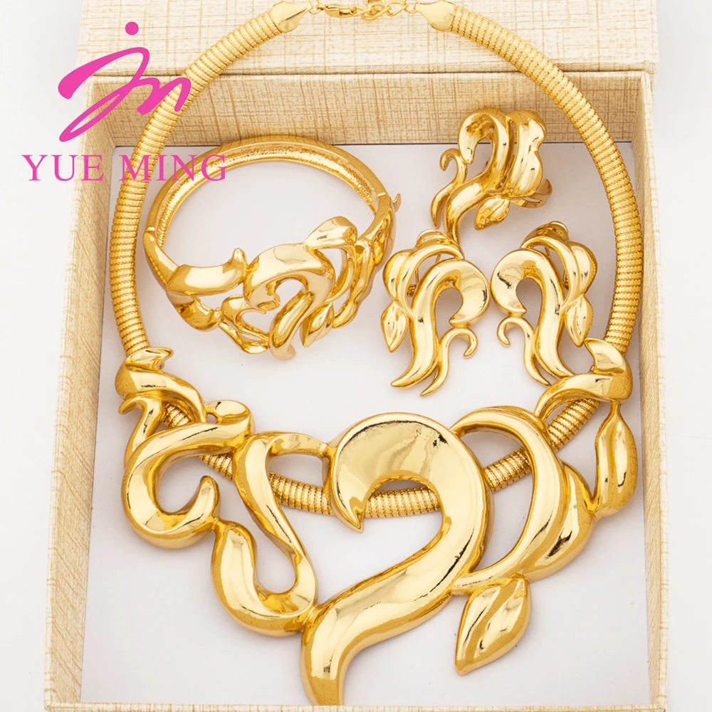 

YM Gold Color Jewelry Set with Gift Box Women Dubai Italian Necklace Earrings Fashion Bracelet Adjustable Rings Memorial Gifts