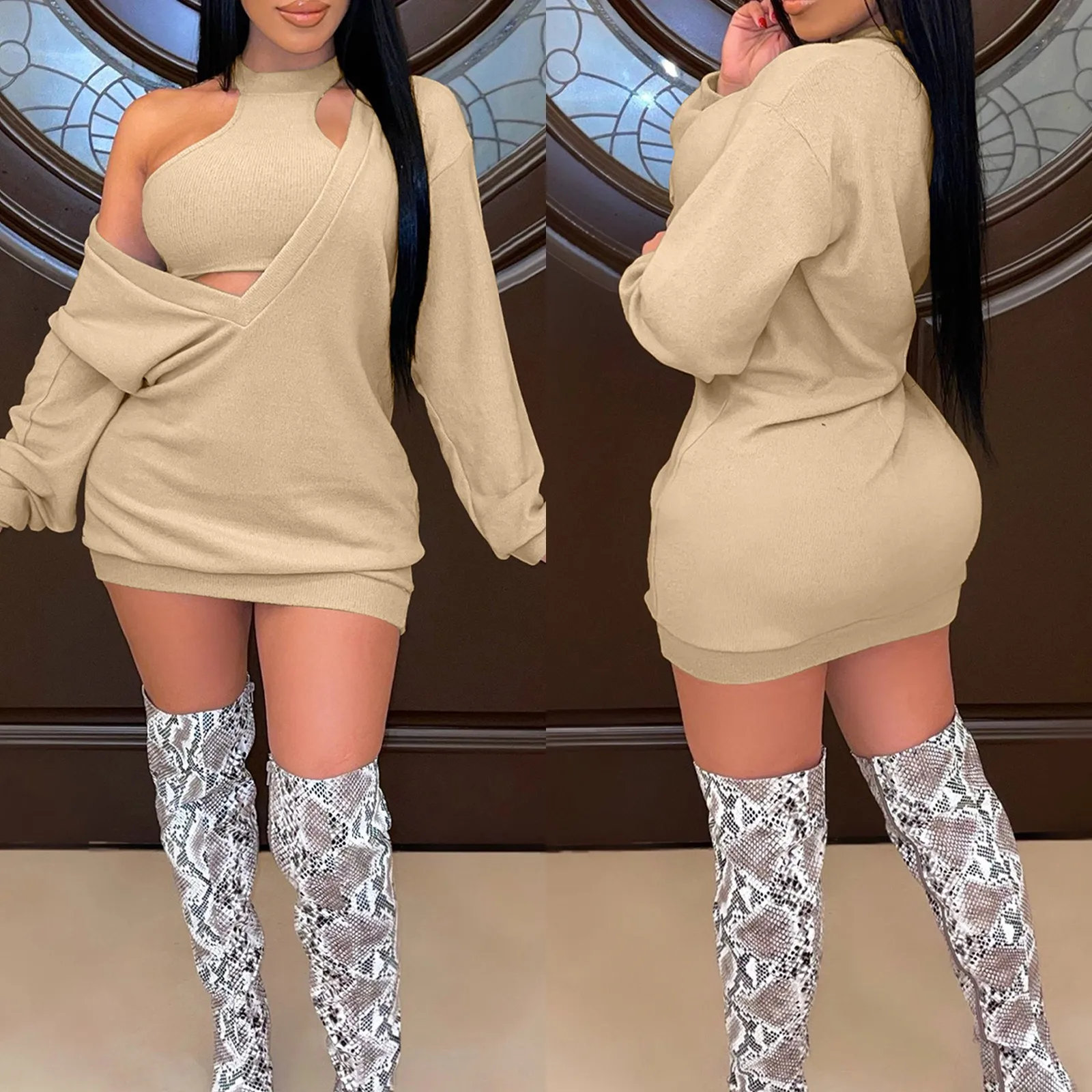 

Sexy Bodycon Dress Women Fashion Solid Two-Piece Set Halter Neck Mini Dress Autumn Spring Deep V Neck Long Sleeve Party Dresses