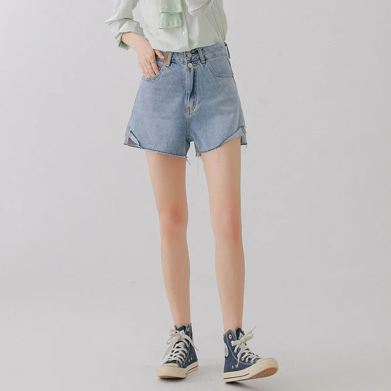 

2021 Summer Female Raw-edged Loose Jeans with Buttons Women New High-waist Slit Slim Shorts Solid Color Cotton Casual Streetwear