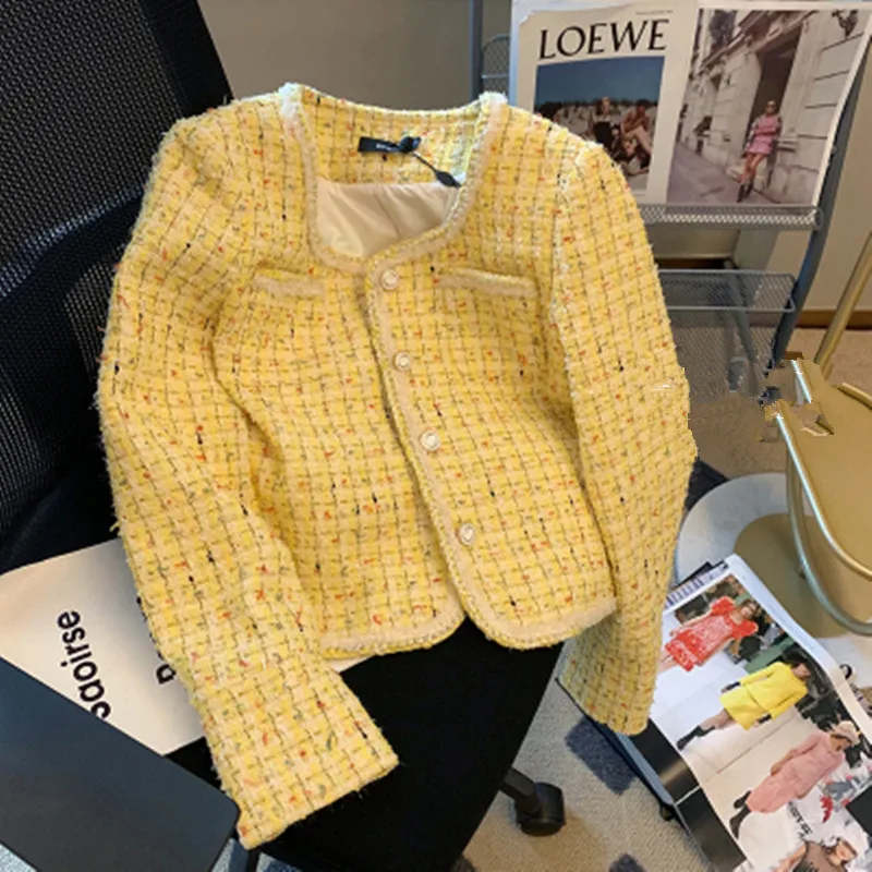 BULOCHOVA Small Fragrant Yellow Tweed Short Jacket For Women 2023 New Autumn High Quality French Woolen Outwear Top Female Coats