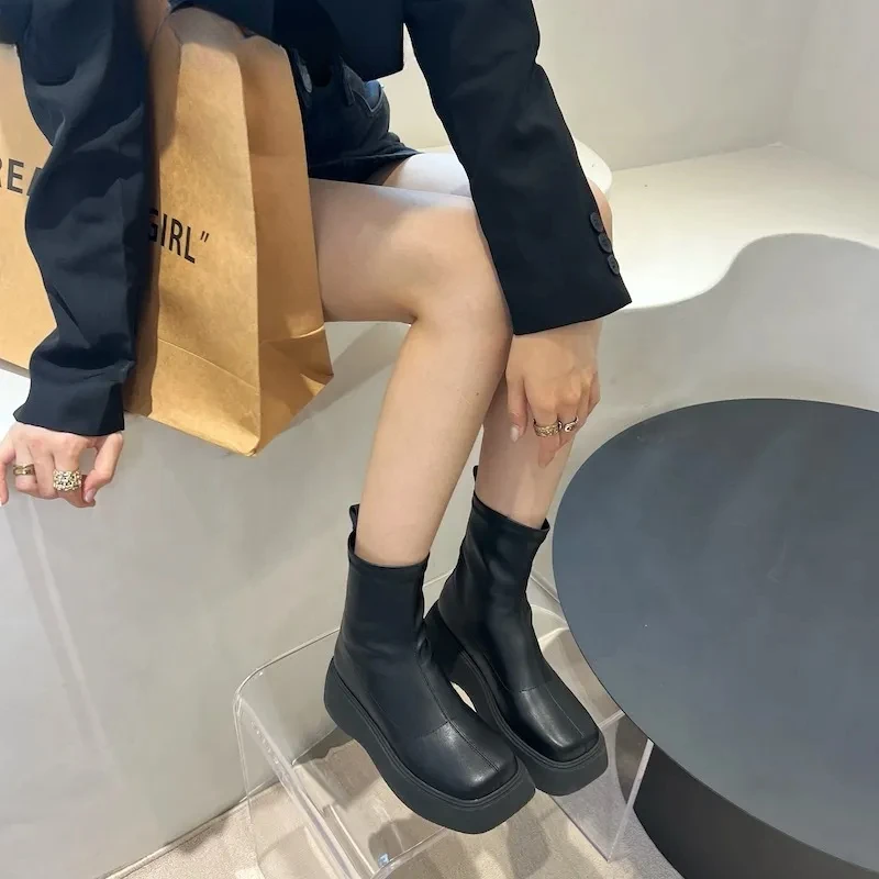 

Winter Chunky Boots For Women Square Toe Shoes Ladies Fashion Slip On Platform Thick Sole Short Boots 2023 Ladies Ankle Booties