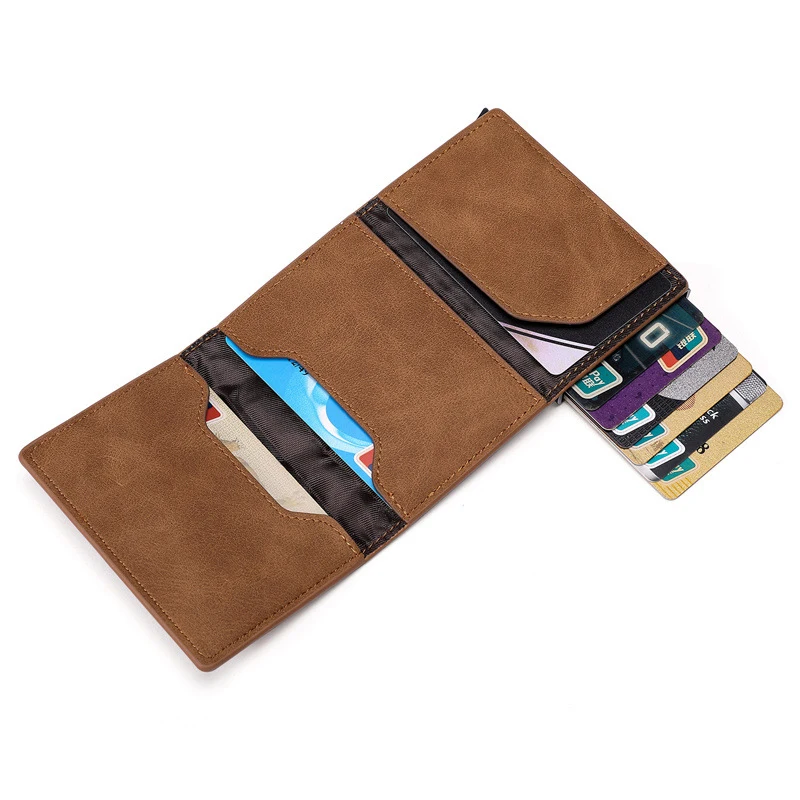 New Arrival Men RFID Wallet Antitheft Aluminum Box Card Holder PU Leather Pop Up Card Case Black Brown Blue Magnet Coin Purse