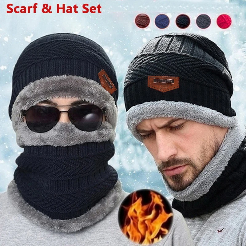 Unisex Beanies Hat Scarf Gloves Set Winter Knitted Thick Warm  Women Men Solid Retro Beanie Hat Soft Touch Screen Gloves
