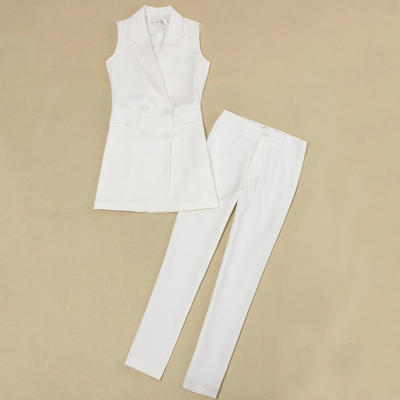 High End Office Women Vest Pants 2 Piece Set 2022 New Spring Summer Fashion Slim Fit Ladies White Suit Jacket Casual Ninth Pants