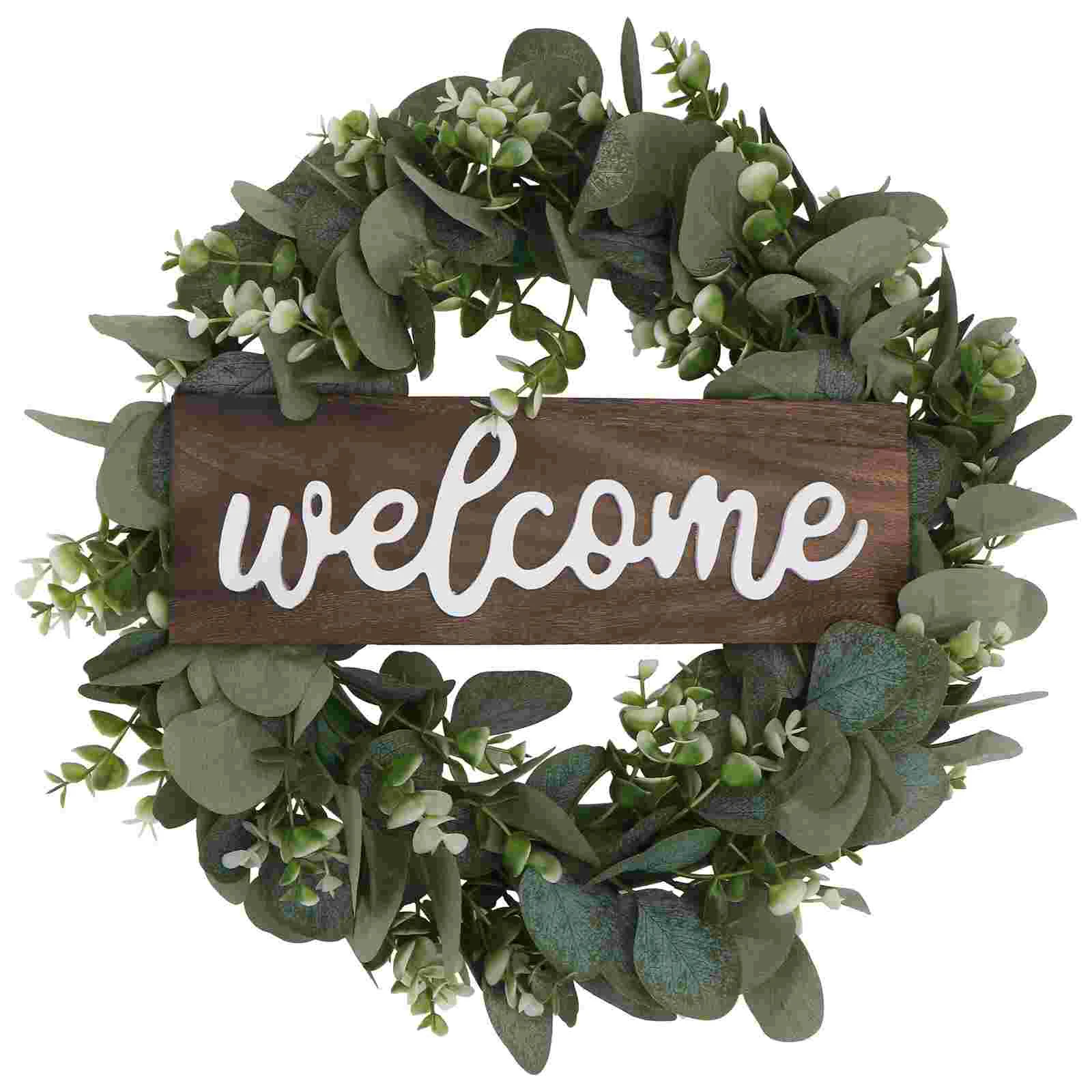

Wreath Eucalyptus Door Welcome Garland Sign Decor Front Wood Rustic Spring Wreaths Farmhouse Leaves Easter Greenery Summer Faux