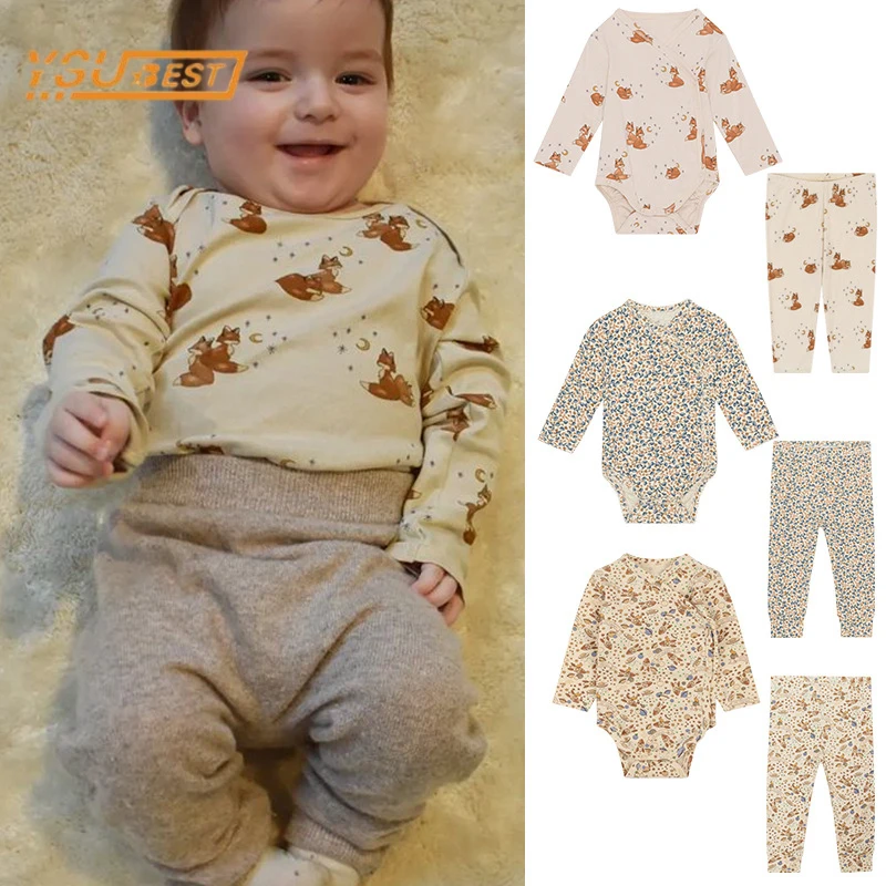 Spring Toddler Baby Boys Girls Clothes Suit Long Sleeve Fox Printing Rompers + Pants Set Infant Kids Baby Boys Girls Clothes