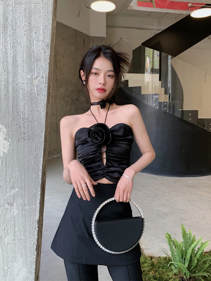 

ZCSMLL Designer Black Corset Crop Tube Tops Women Backless Ruched Halter Top Floral Patch Summer 2022 High Fashion Clothing
