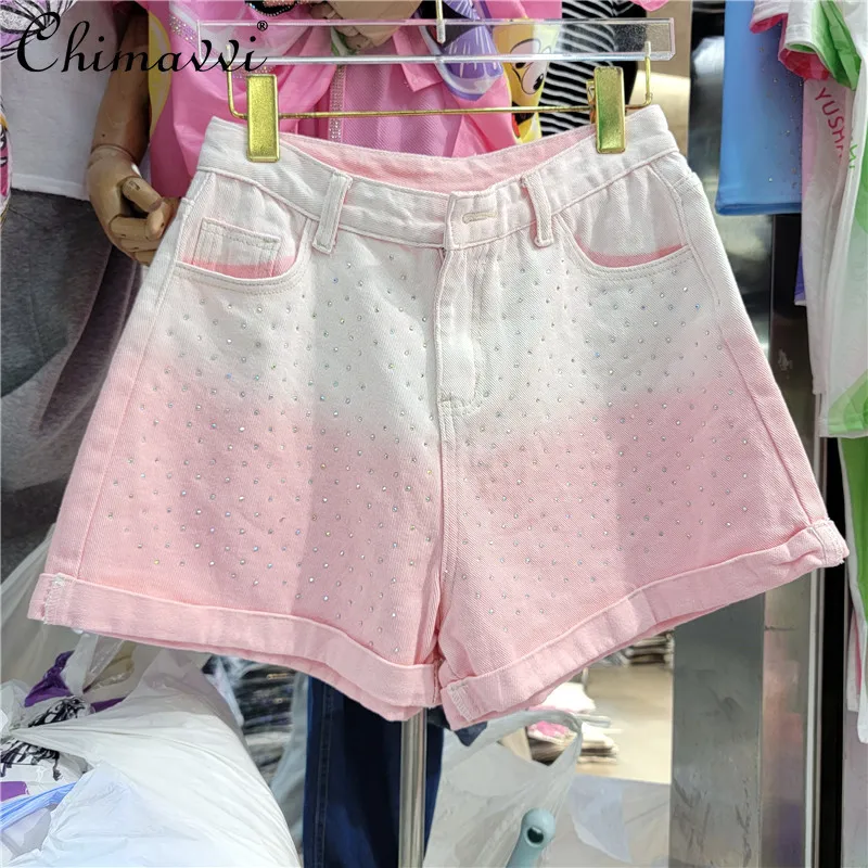 

2022 Summer New Female Fashion Streetwear Denim Shorts Women Loose-Fitting Curl Gradient Pink High-Waisted Straight Short Jeans