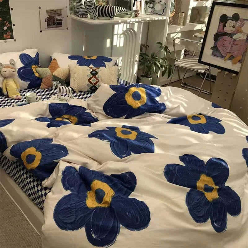 

Cute Blue Flowers Duvet Cover Simple Korean Style Bedroom Decor Single Double Queen King Size With Pillowcase Checked Bed Sheet