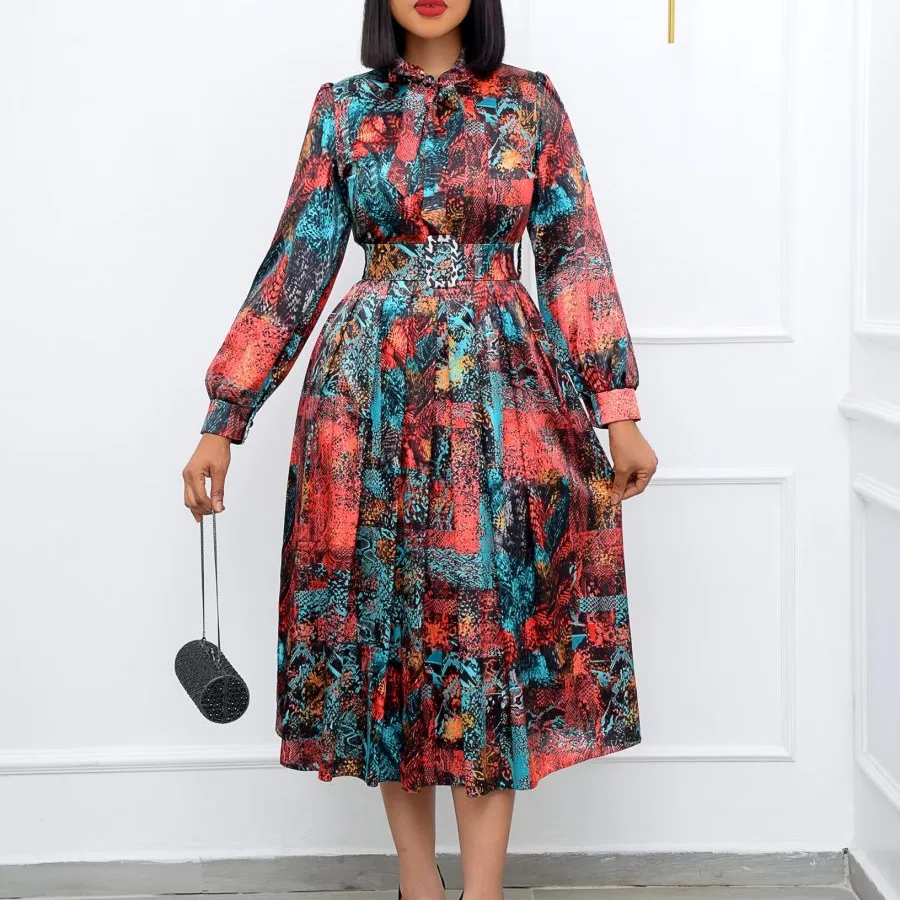 

Muslim Fashion African Dresses For Women Print Floral Long Sleeve 2022 Summer Lady Novelty Clothes Slim OL Short Skirt With Belt