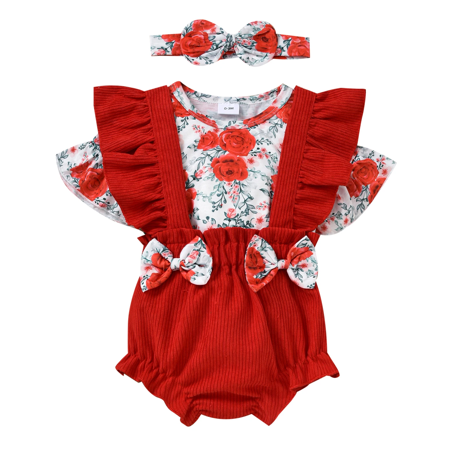 

Summer Baby Girls Clothes 3Pcs Casual Sets Flower Print Short Flared Sleeve T-shirts Bow Decor Ruffle Suspender Shorts Headband