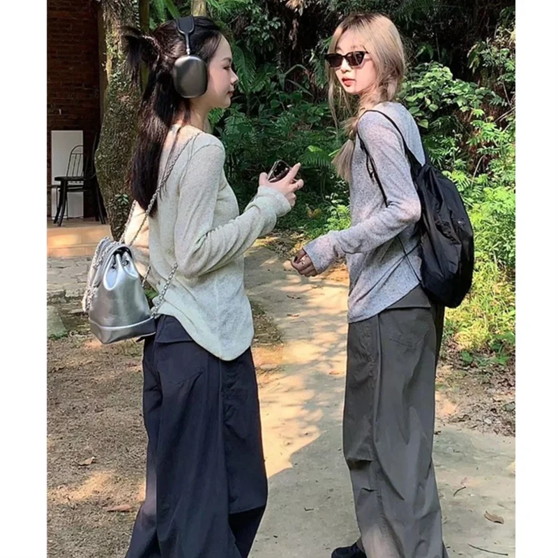 Женская свободная футболка с длинным рукавом эластичная трикотажная Однотонная