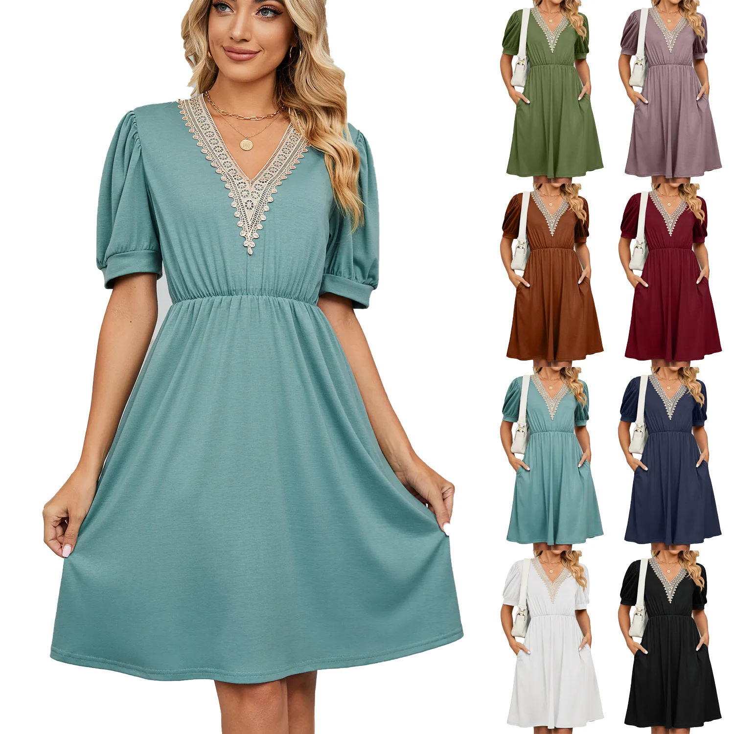 

Short Sleeve Summer Dress for Women Ladies 2023 V Neck Short Sleeve Lace Patchwork Female Loose Fit Dresses with Pockets