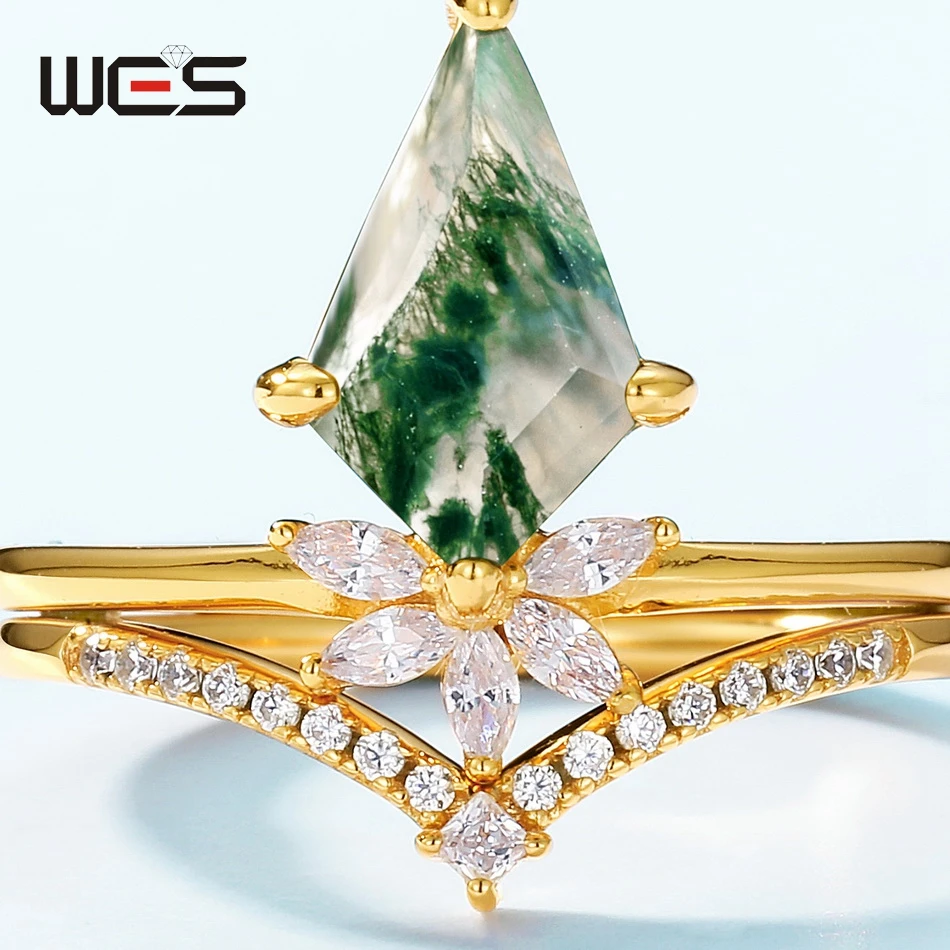 WES стерлингового серебра 925 пробы натуральный мох агат набор колец для женщин 7*12