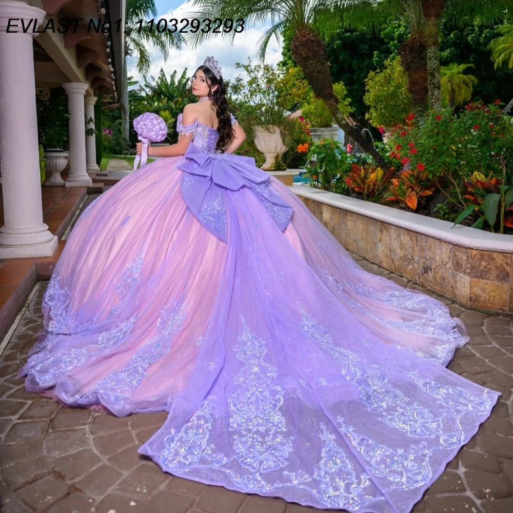 Фото Индивидуальное блестящее сиреневое бальное платье EVLAST для Quinceanera с кружевными аппликациями, бисером, бантом и корсетом, для Sweet 16, Vestidos De 15 Anos AQ249 №3