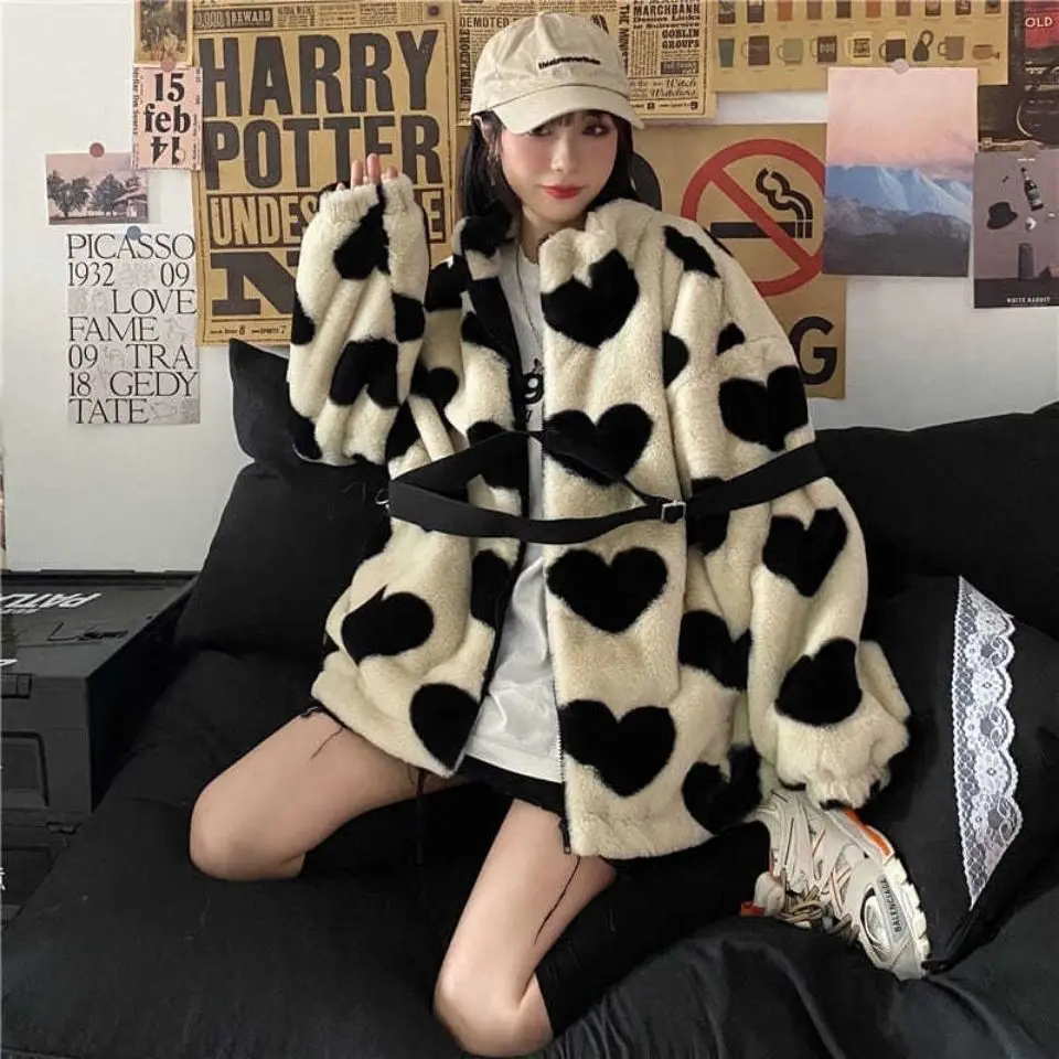 Autumn Winter Heart Print Zipper Y2k  Lamb Wool Coat Women's Korean  Thickened Loose Faux Fur Fur Jacket Women Students Clothes