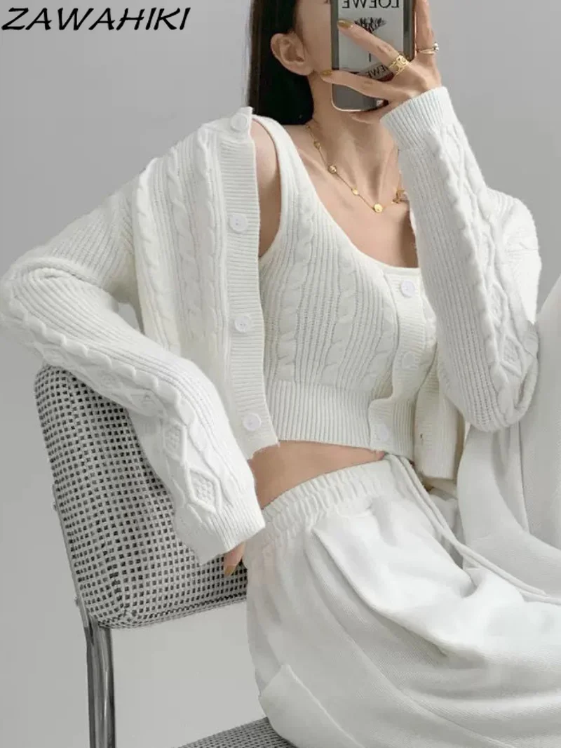 

Elegant Knitwear 2 Piece Sets Solid Cropped Button-up O-neck Cardiagn Tank Top Knitted Women Loose Cardigan Vintage Sweater