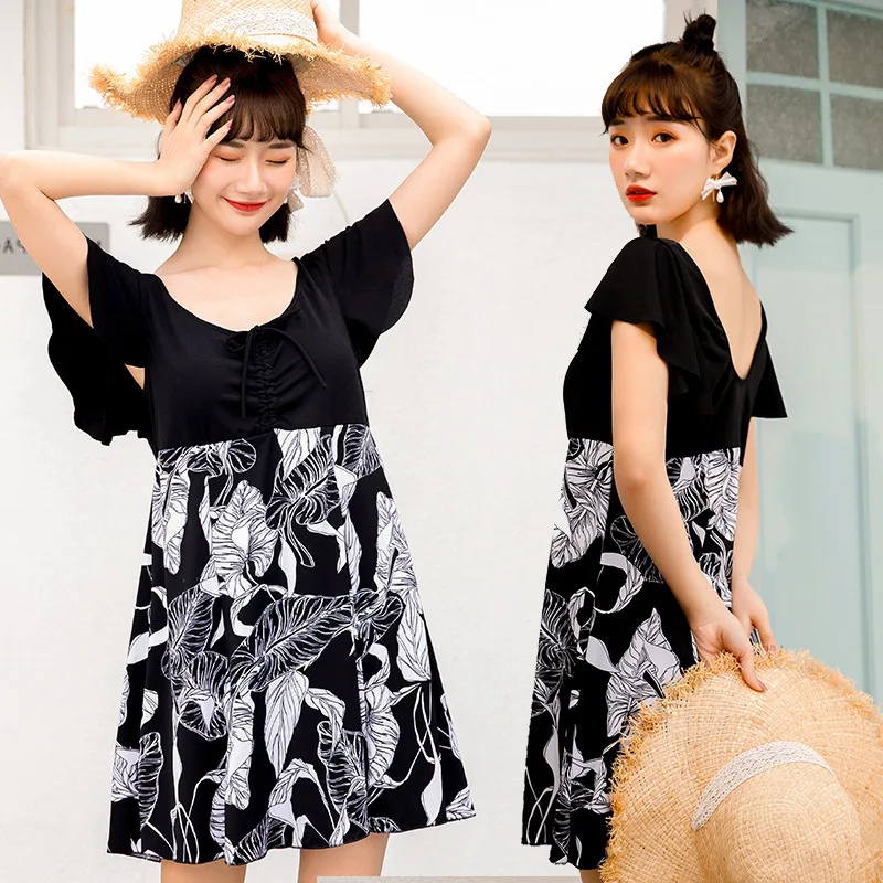 Swimsuit Women's Conservative One-piece Skirt-style Belly-covering Short-sleeved Plus Fat Size Fat Mm Middle and Old Age