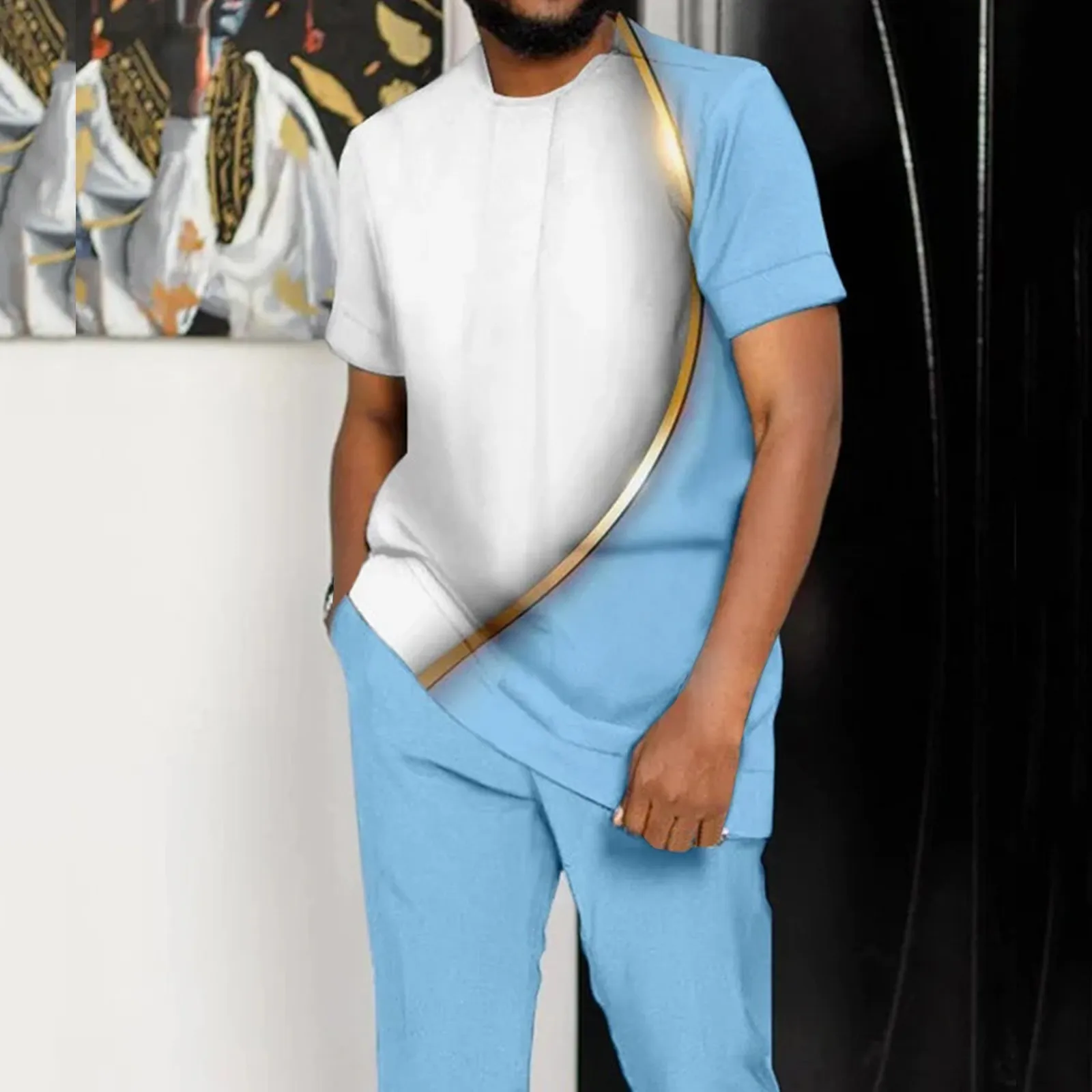 Male Casual 2 Piece Set Color Block Tops Solid Color Quick Dry Shorts Men Sets Ensemble Homme Streetwear Dailywear Conjuntos