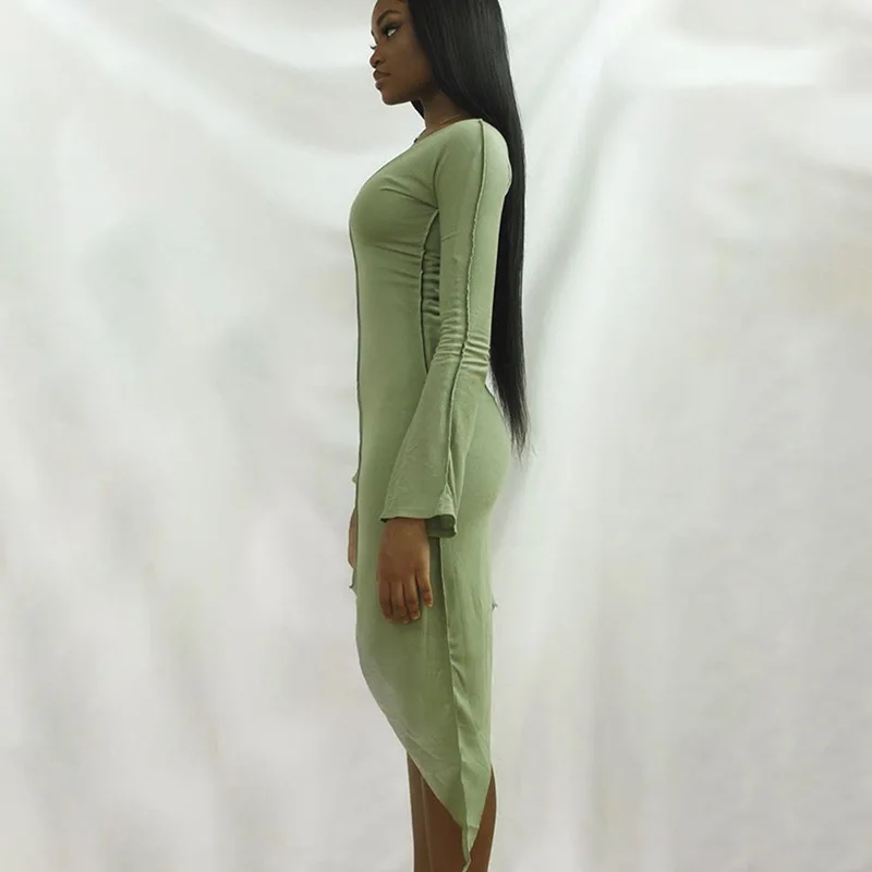 Однотонное асимметричное женское платье с длинным рукавом и V-образным вырезом |