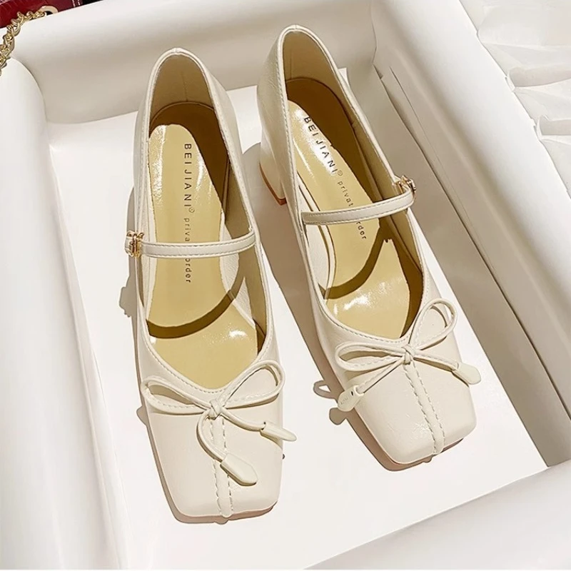 Туфли женские с бантом овечья кожа квадратный носок высокий толстый каблук