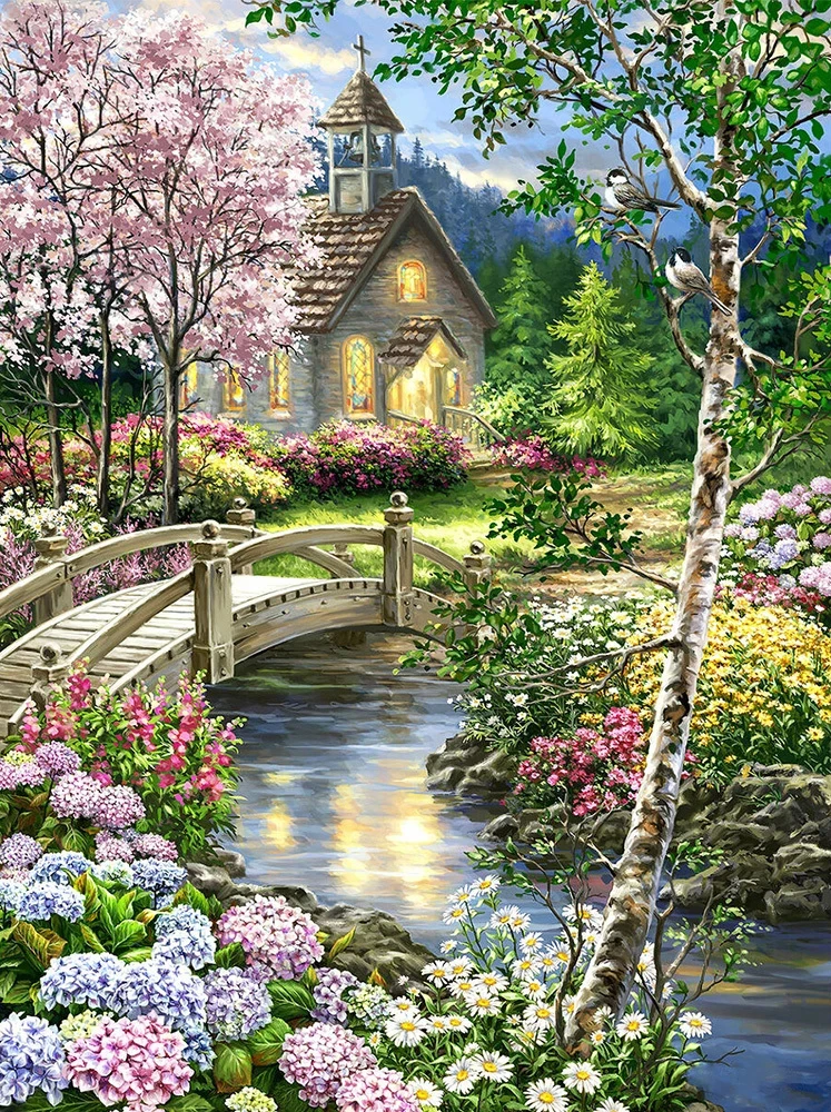 

AB 5D Diamond Embroidery House Rhinestone Kit Square Diamond Painting Tree Cross Stitch Scenery New Arrival Spring Decoration