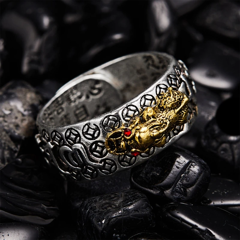 

Vintage Consecration Lucky Money Pixiu Ring Men's Mantra Heart Sutra Opening Silver Plated Ring Female Jewelry