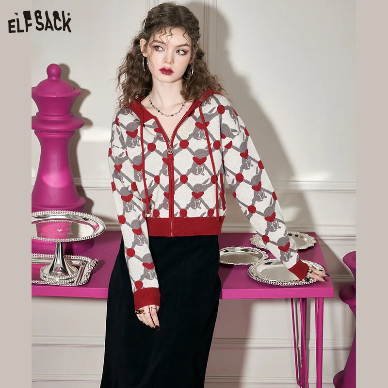 ELFSACK Red Hooded Jacquard Sweater Women 2023 Spring Long Sleeve Basic Short Tops enlarge