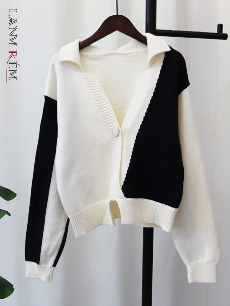 

LANMREM Irregular Contrast Color Knitted Sweater Lapel Single Button Designer Fashion Tops 2023 Autumn New Clothing 32D577