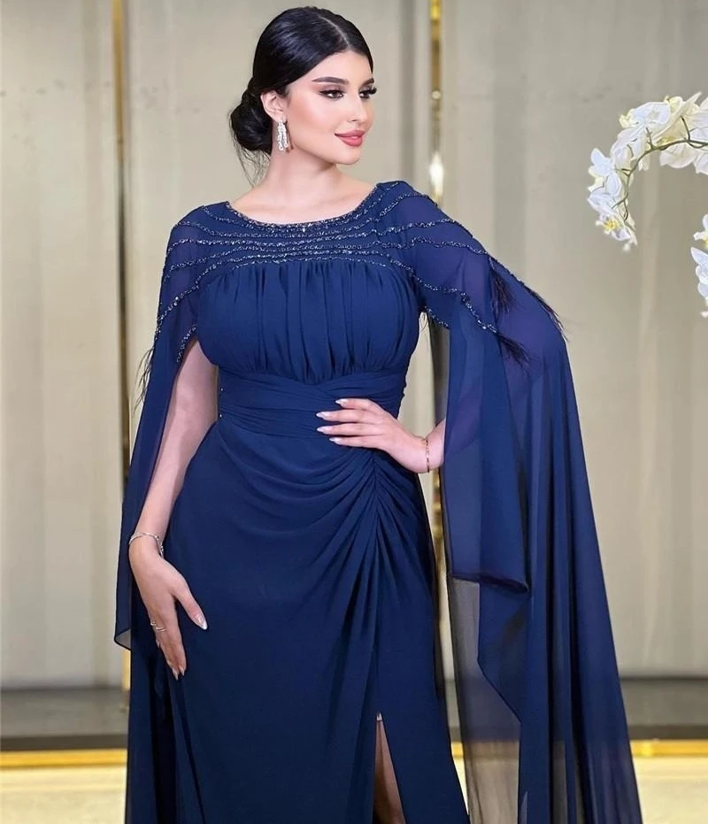Фото Fashionvane Темно-синие шифоновые вечерние платья с круглым вырезом и перьями из бисера, с длинными рукавами, платье для выпускного вечера, вечерние платья по индивидуальному заказу №2