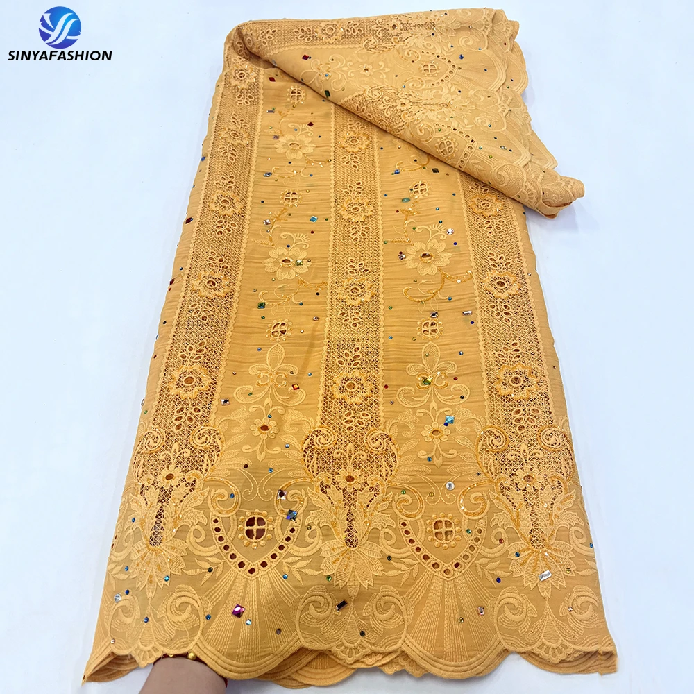 Sinya африканская гипюровая кружевная ткань вышивка с кристаллами 5 ярдов высокое