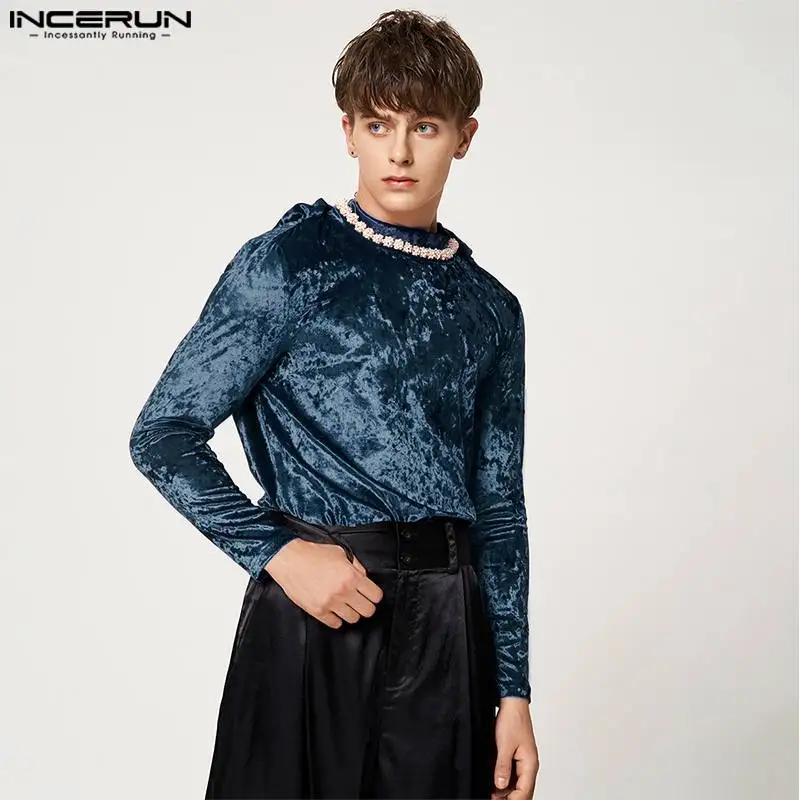

Модная мужская футболка INCERUN, велюровая однотонная водолазка, уличная одежда с длинным рукавом, на шнуровке, с открытой спиной, 2022, повседнев...