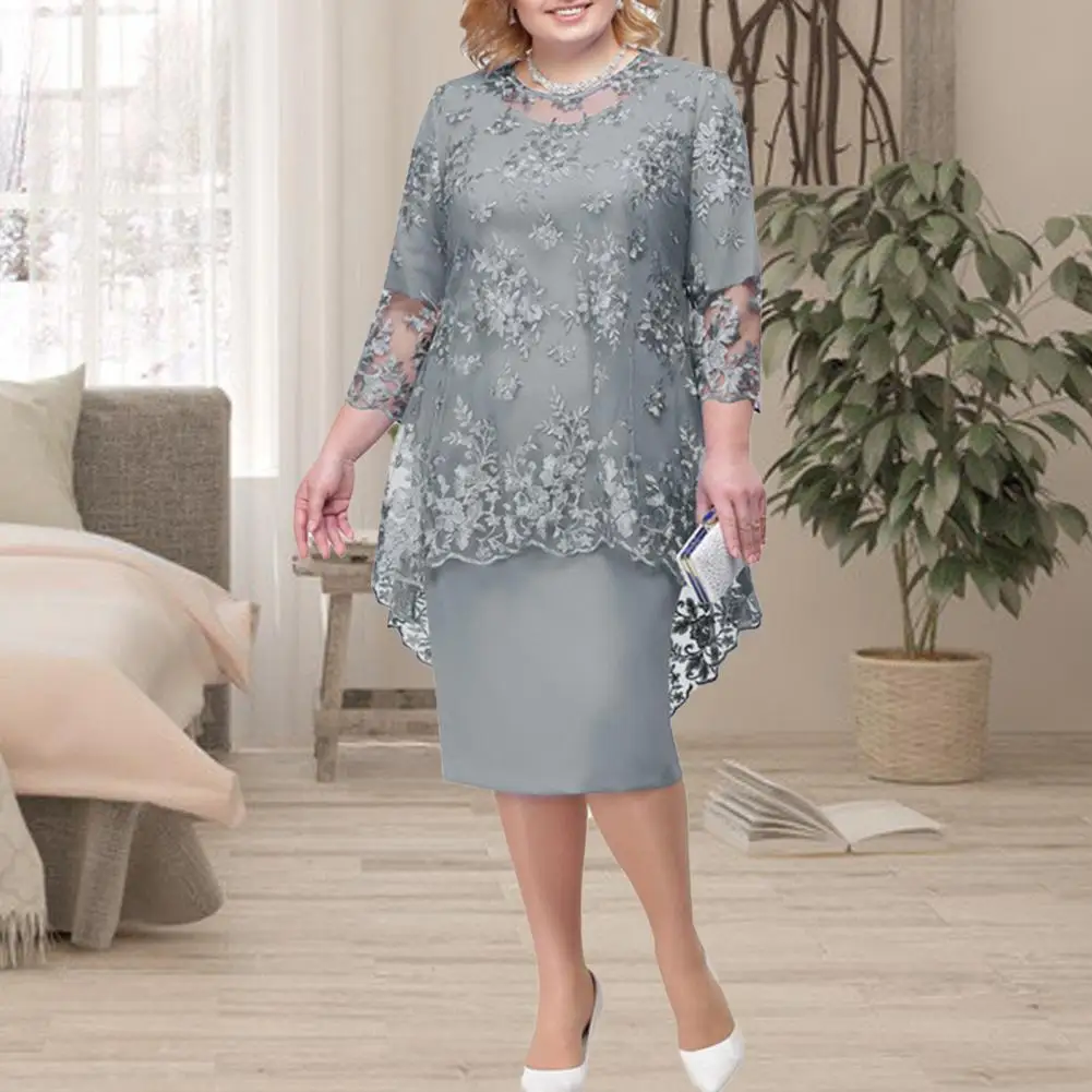 

Charming Evening Dress Plus Size Midi Dress Slim 3/4 Sleeve Lace Evening Dress All-matched