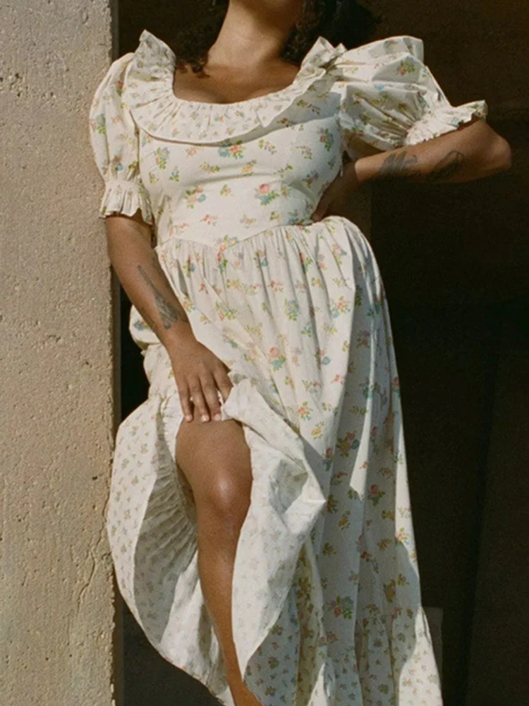 

Jastie A-line Floral Printed Midi Dress For Women Short Sleeve Retro Boho Vacation Party Dress Autumn High Waist Casual Vestidos