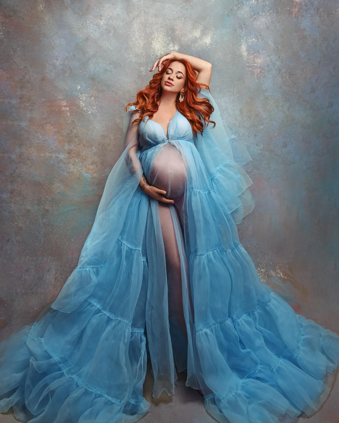 Уникальное Тюлевое платье для беременных фотосессии Illsuion небесно-Голубые