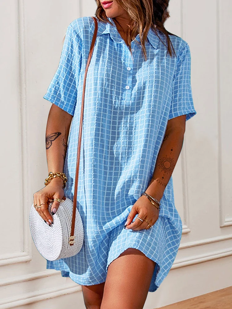 

Summer Women Plaid Shirt Dress Short Sleeve Buttons Knee-Length Turn Down Collar A-Line Casual Loose Party Dresses Vestidos