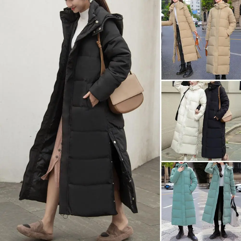 Stand Collar Long Sleeves Ribbed Cuffs Side Split Hem Zipper Placket Down Jacket Women Winter Hooded Long Type Thickened Overcoa