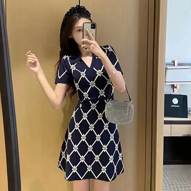 

2022 Summer New Short-sleeved Knit Dress Fashion French Lapel Small Fragrant Wind Printing Casual Nephew Knit Skirt