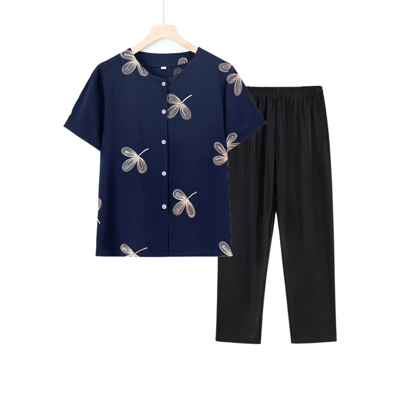 

2022 Summer Women's Embroidery 2Pcs O-neck Blouse+Pants Mother Two Pieces Set Casual Fashion Short Sleeve Tops And Trousers Sets