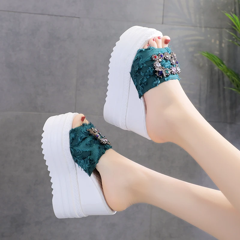 

Shoes Woman 2022 Female Slippers On A Wedge Luxury Slides Heeled Mules Peep Toe Platform New Summer Designer High Fashion PU Cot