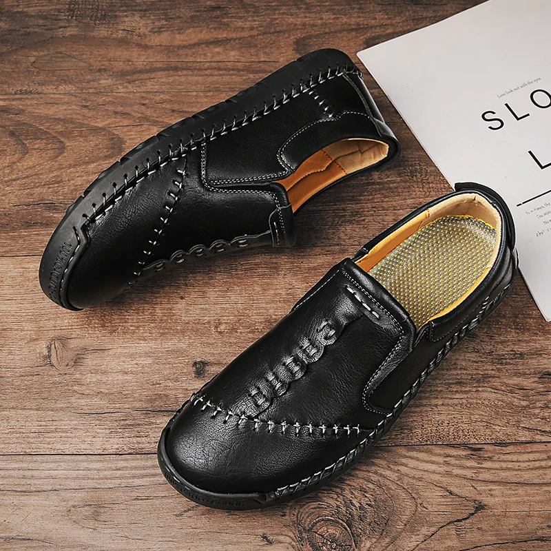 

Мужские Кожаные Мокасины без застежки, черные повседневные Мокасины из спилка, обувь на плоской подошве, большие размеры 38-48, весна-осень 2019