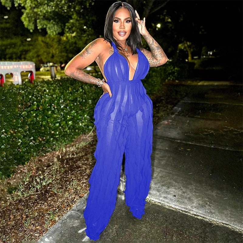 Wave Ruffles Mesh Solid Jumpsuits Sexy Deep V Neck Sleeveless Bandage Halter Backless One Piece Romper Nightclub Party Outfits