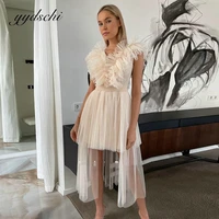 2022 champagne tulle pleated homecoming dress v neck sleeveless backless short cocktail dress party prom gown