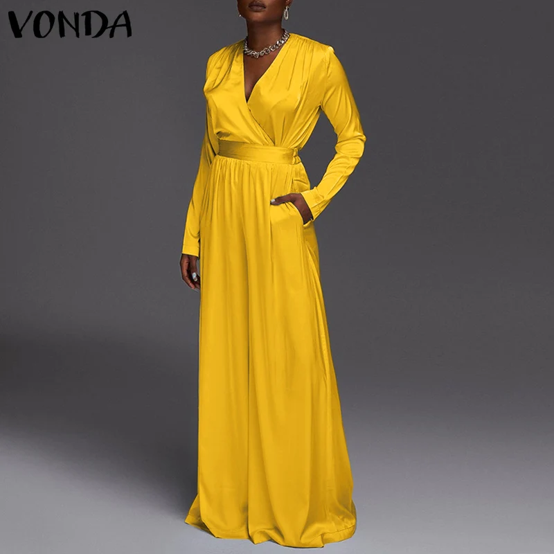 

Elegant Women Jumpsuits 2022 VONDA Casual Trousers Sexy Office Wide Leg Pants Long Sleeve V Neck High Waist Overalls Dungarees
