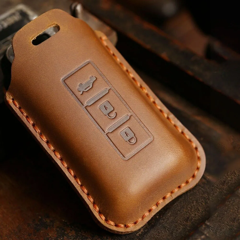 

Car Key Cover For ASX Outlander Lancer Pajero Brown Key Case Bag Cover Buckle Decor Wear-resistant Leather Key Fob Cover