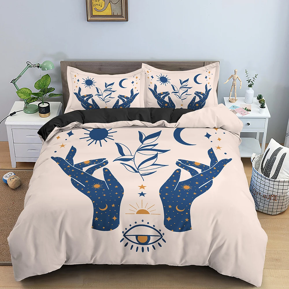 

Palm King Queen Duvet Cover Boho Magic Mandala Bedding Set Hand of Fatima Quilt Cover Hamsa Hand Polyester Comforter Cover