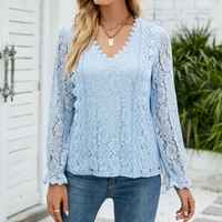 autumn women top v neck long sleeves slim fit floral pattern crochet lace hollow pullover blouse streetwear