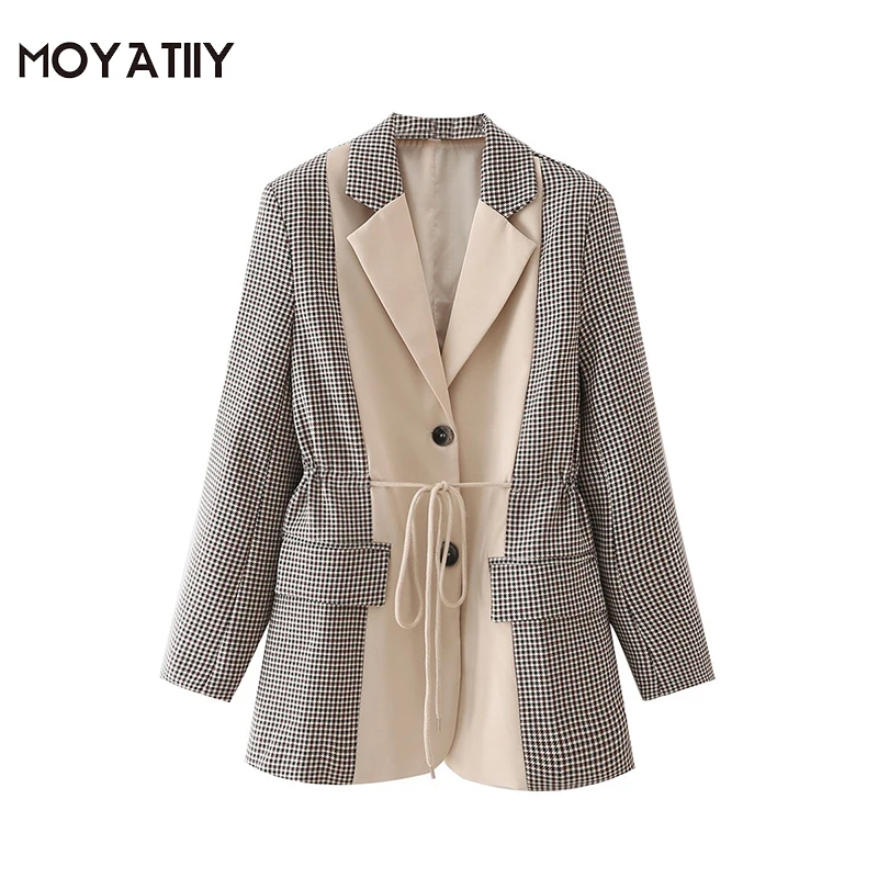 

MOYATIIY Women Fashion Spring Autumn Blazer Coats Draw String Design Patchwork Plaid Overcoats Office Lady Formal Female Tops