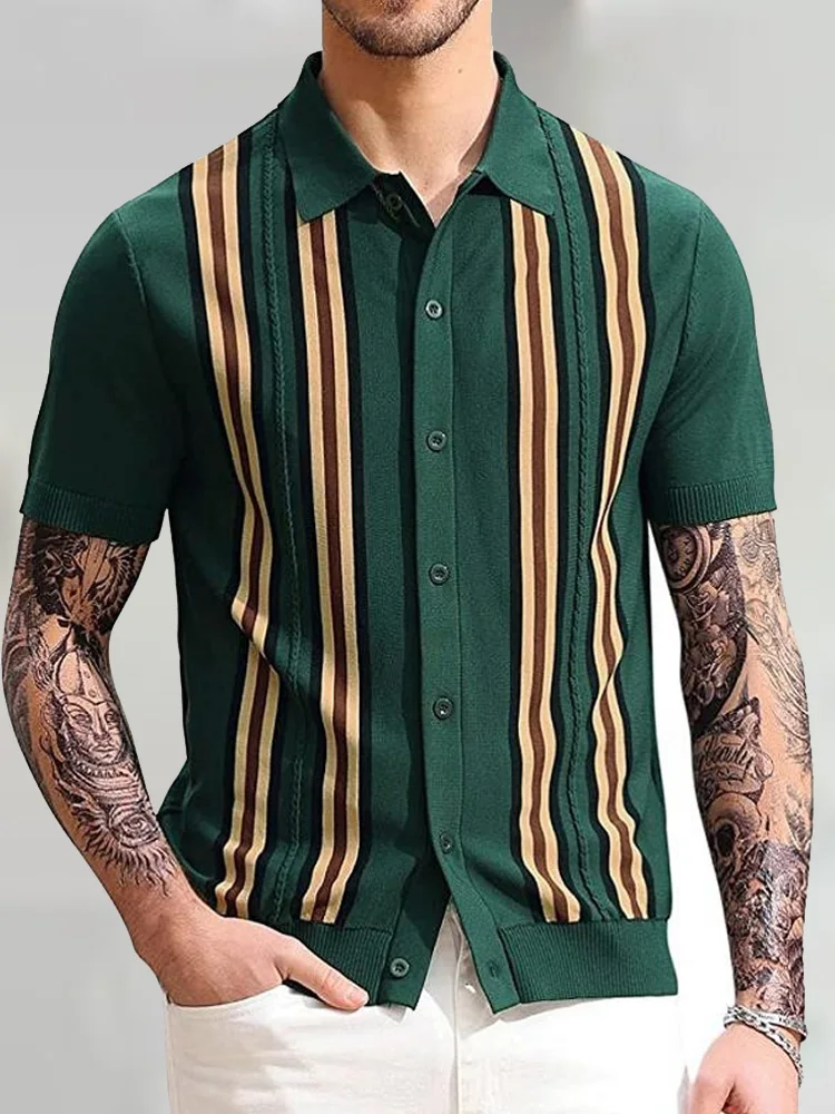 

Summer Short Sleeve Slim Pullover Polos Casual Business Male Polos Streetwear Striped Turn-Down Collar 2022 T-shirts Tops New