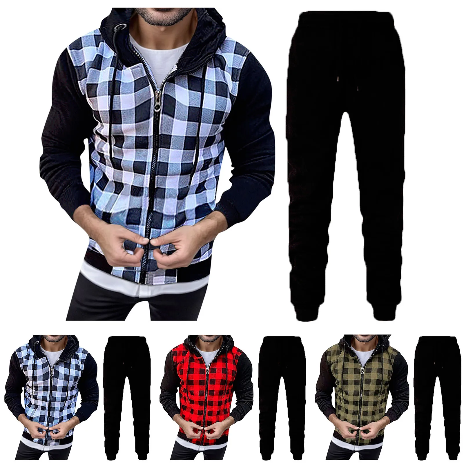 

Plaid Patchwork Tracksuit for Men Zipper Hooded Sweatshirt and Sweatpants 2 Pieces Suits Male Casual Fitness Jogging Sports Sets